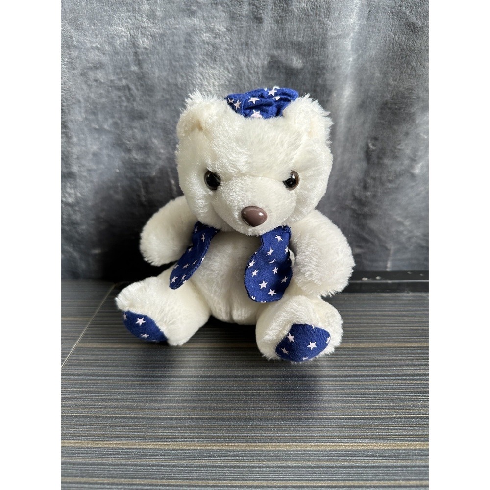 Vintage White Teddy Bear With A Blue Jacket Vest‎ Hat And Feet With White Stars
